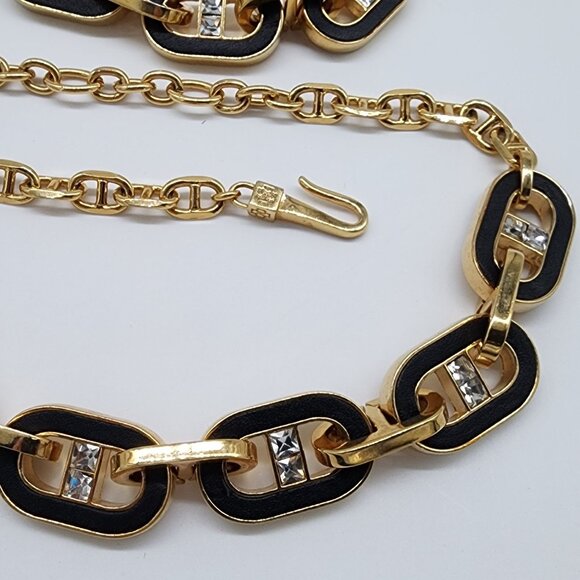 Ann Taylor Bracelet & Necklace Set Inlay Black Leather Gold Tone Chunky Chain VT - Picture 4 of 9